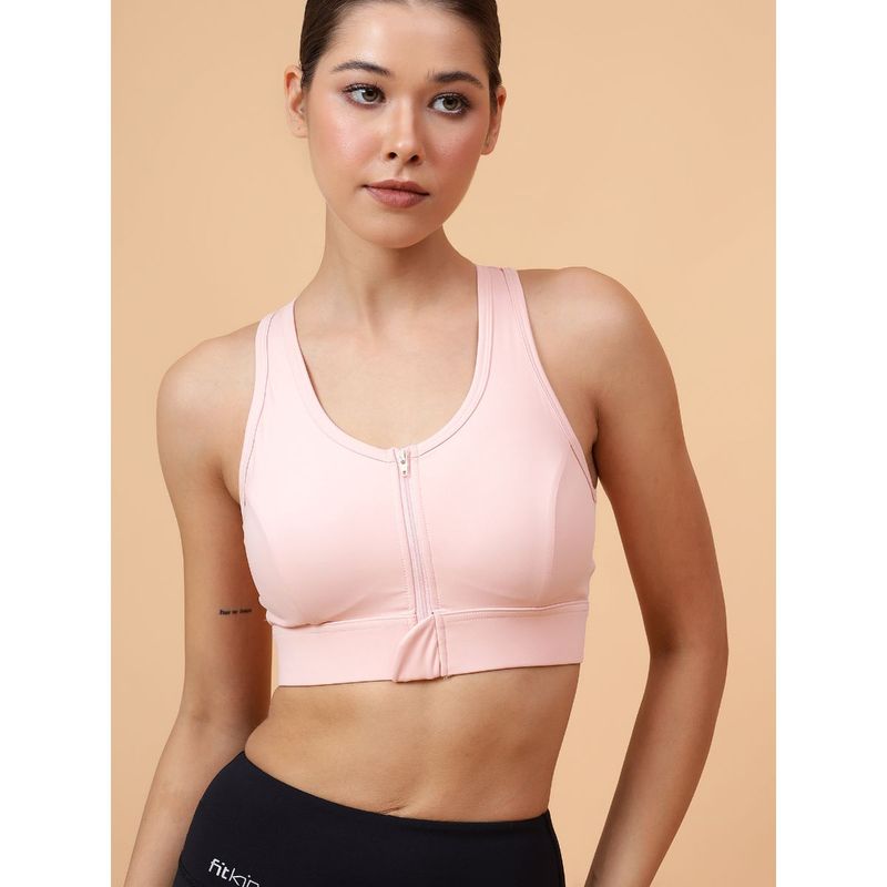 Fitkin Womens Peach Front Zipper Sports Bra (S)