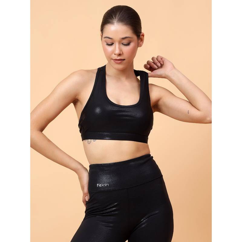 Fitkin Womens Black Shine On Back Key Hole Sports Bra (M)