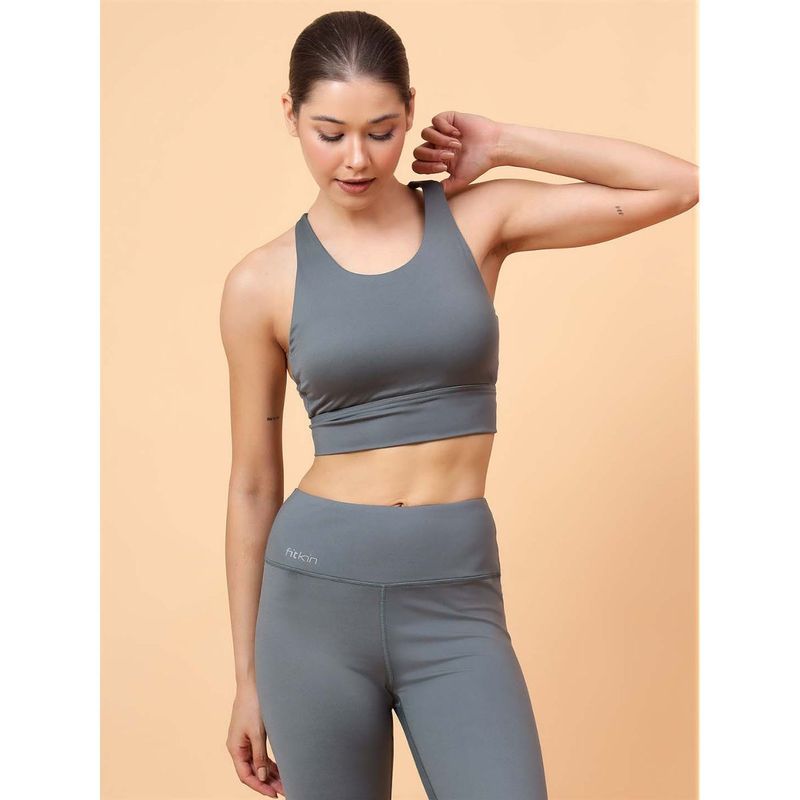 Fitkin Womens Dark Grey Multi Back Straps Sports Bra (S)
