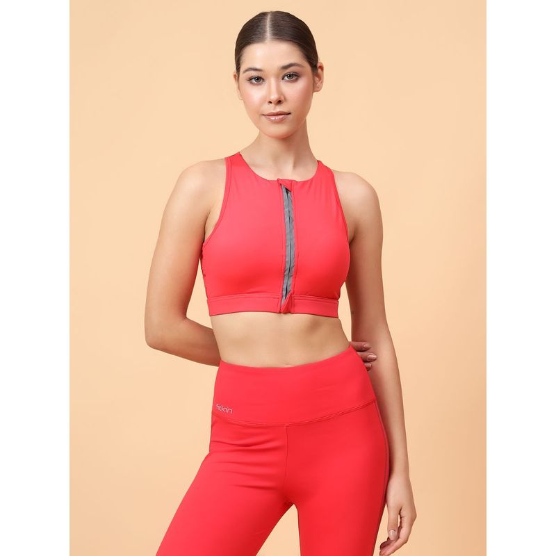 Fitkin Womens Red Front Open Zipper Sports Bra (S)