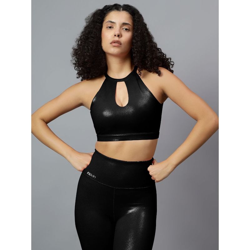 Fitkin Womens Black Shine On Halter Style Sports Bra (M)
