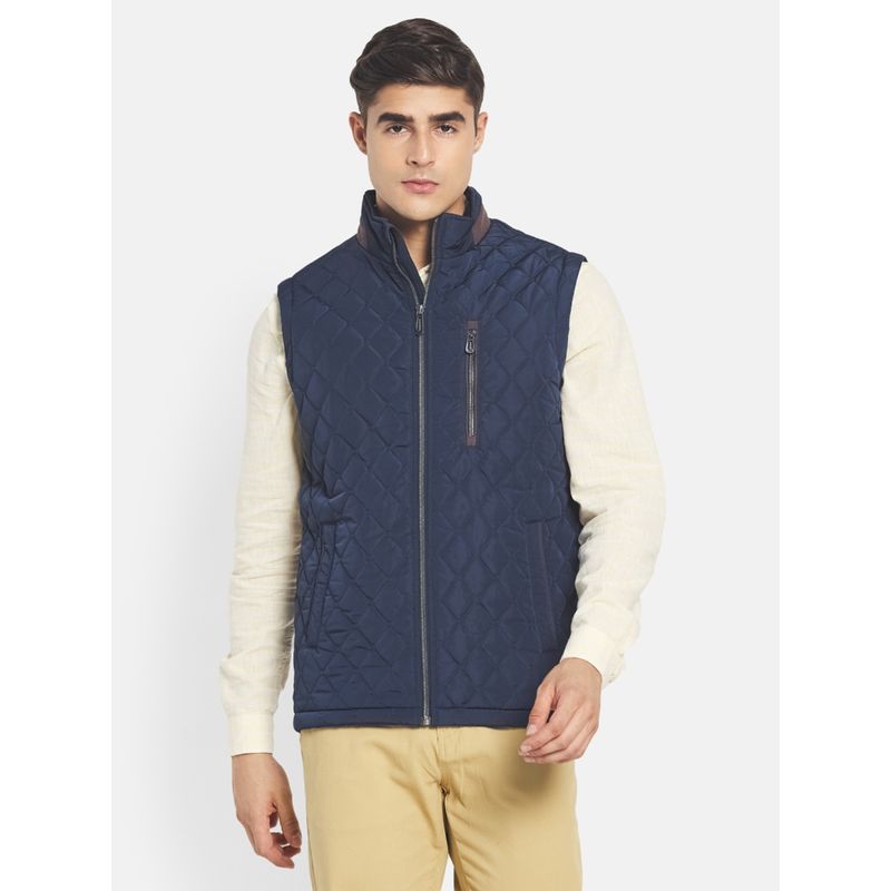 METTLE Men Navy Blue Solid Quilted Jacket (XL)