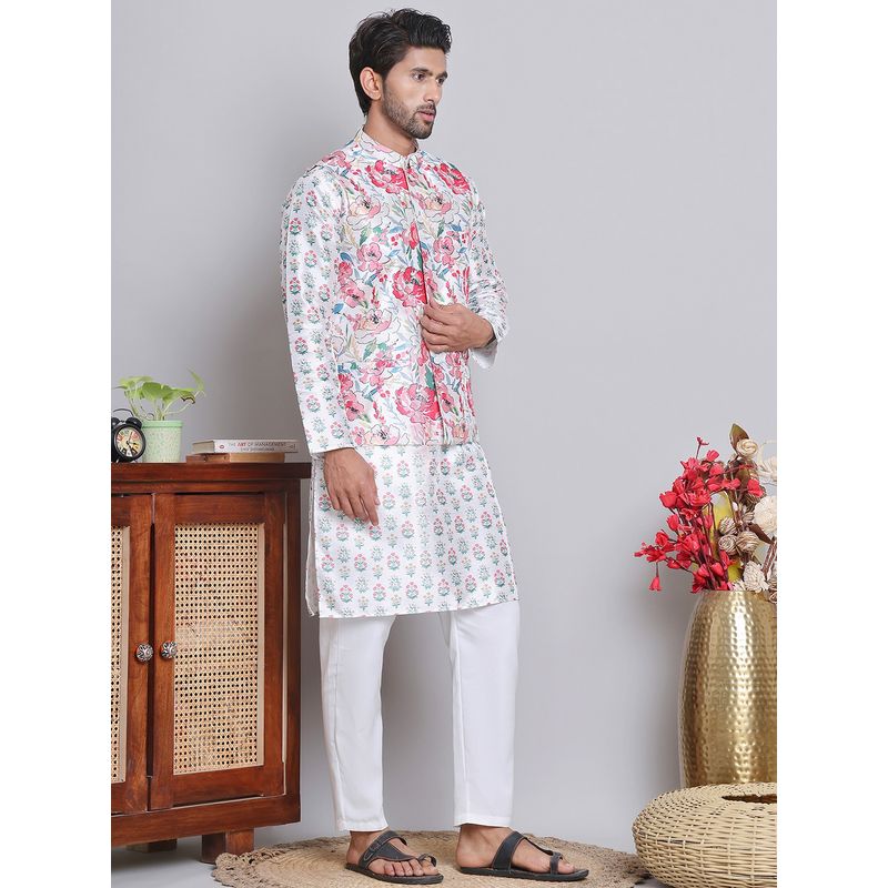 Jompers Men Floral Printed White Kurta with Pyjama and Nehru Jacket (S)