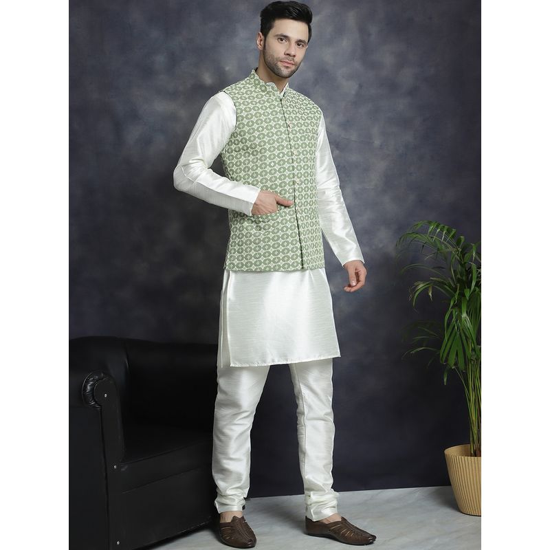 Jompers Men Solid White Kurta with Pyjama and Nehru Jacket (S)