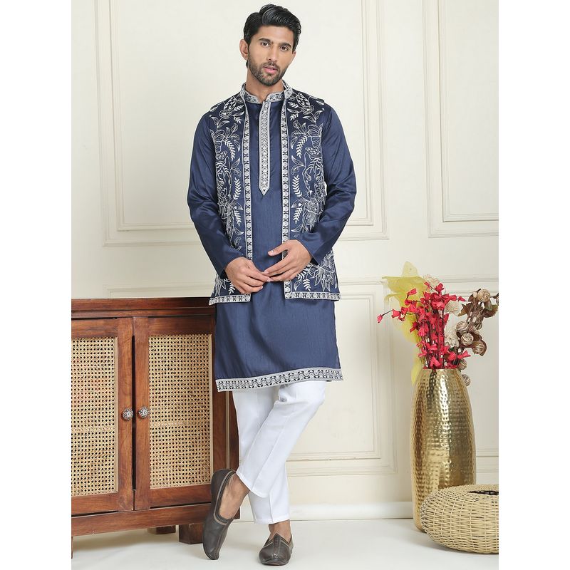 Jompers Embroidered Blue Kurta with Pyjama and Nehru Jacket (L)