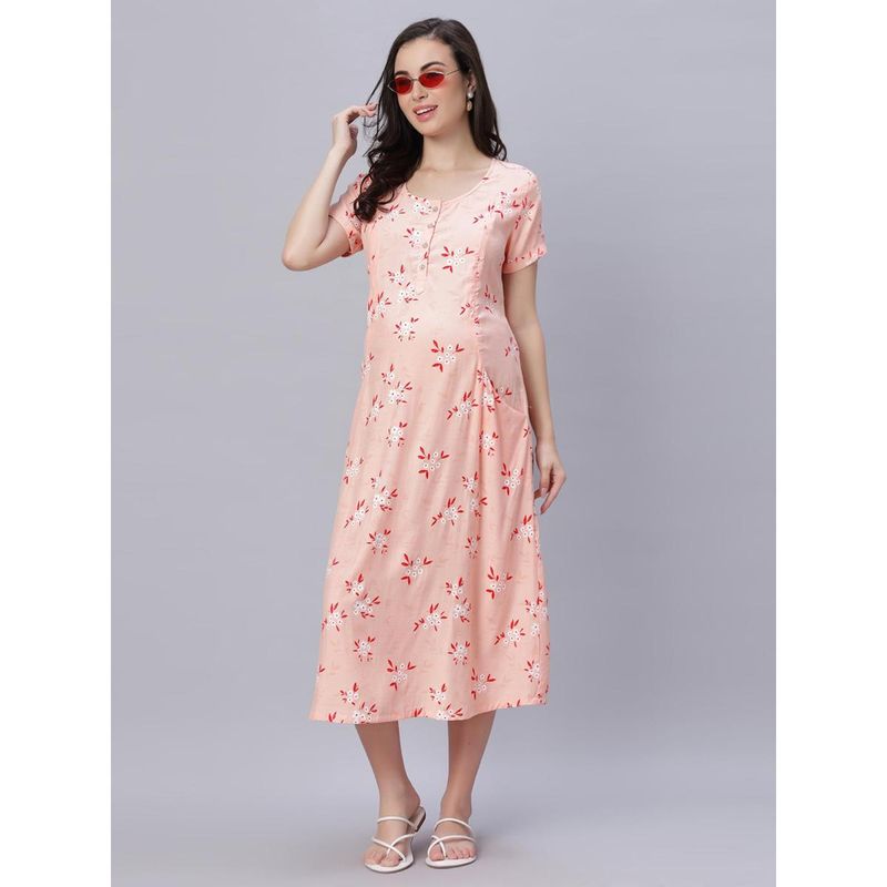 Peach Floral Round Neck Maternity/Feeding Short Dress