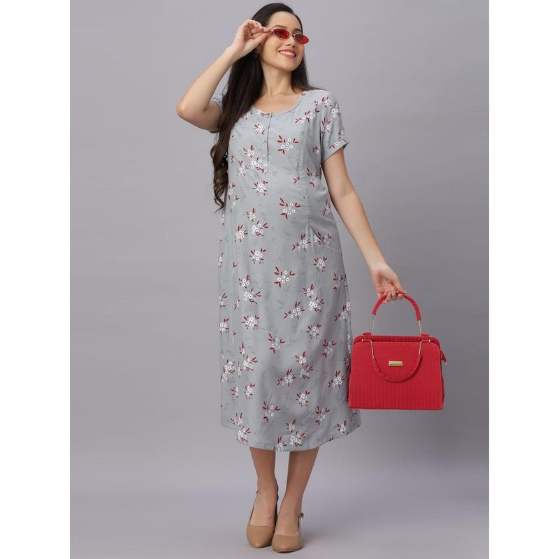 Grey Floral Round Neck Maternity/Feeding Short Dress