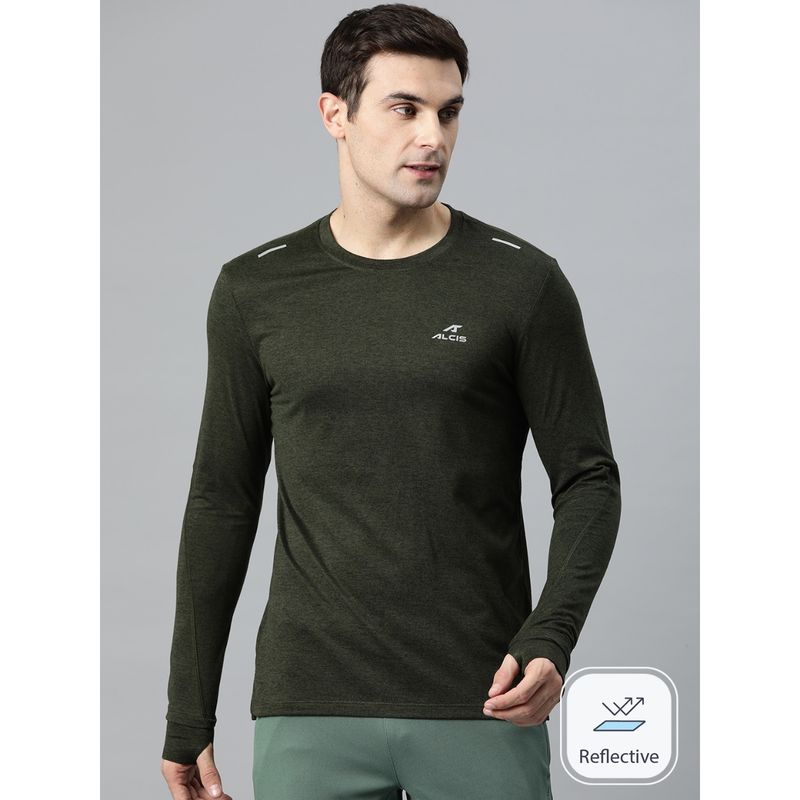 Alcis Men Solid Dry Tech Slim Fit Olive T-Shirt (L)