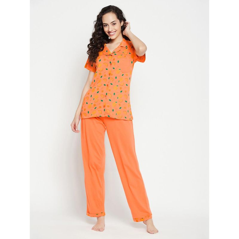 Clovia Printed Button Me Up Shirt & Pyjama- 100 percent Cotton-Orange Orange (Set of 2) (2XL)