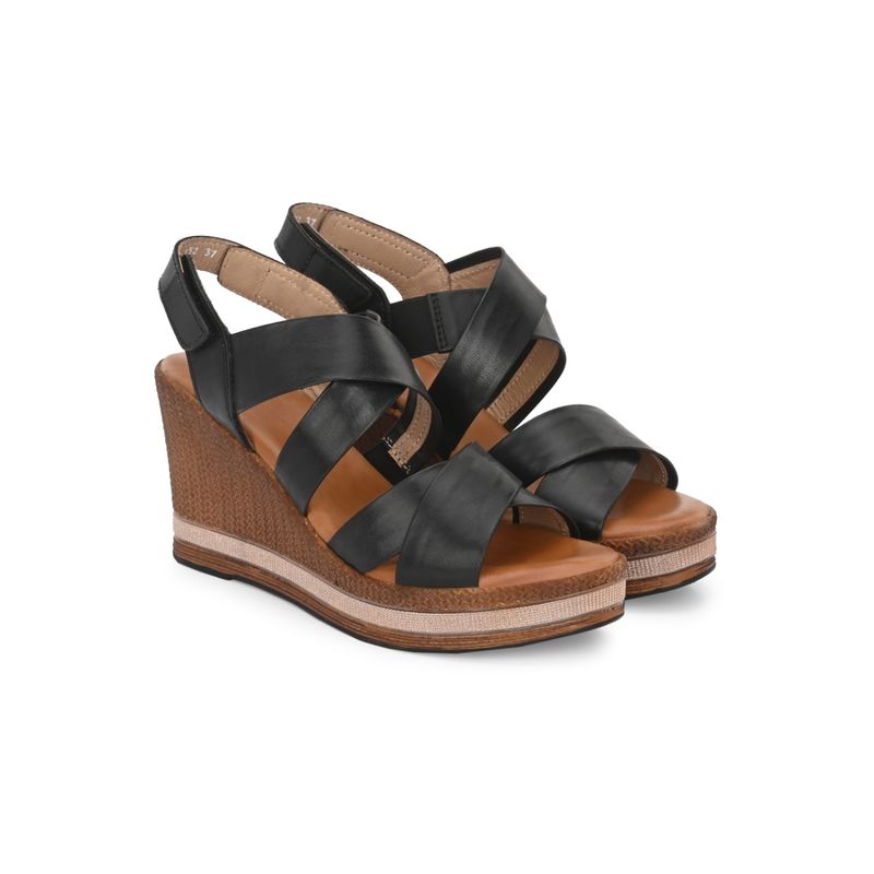 Delize Women Black Solid Cross Strap Wedge Sandals (UK 7)