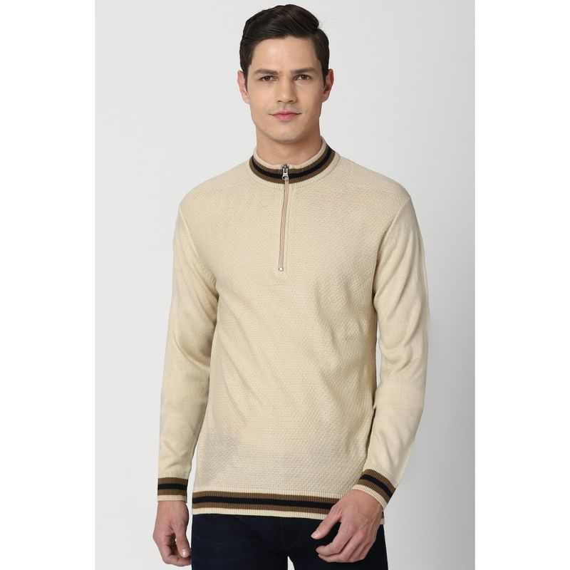 Peter England Men Cream Self Design Stylized Neck Sweater (L)