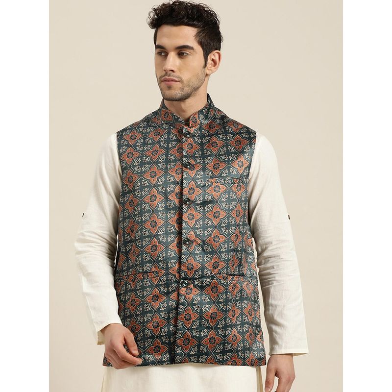 SOJANYA Silk Blend Botell Green Printed Only Nehru Jacket (S)