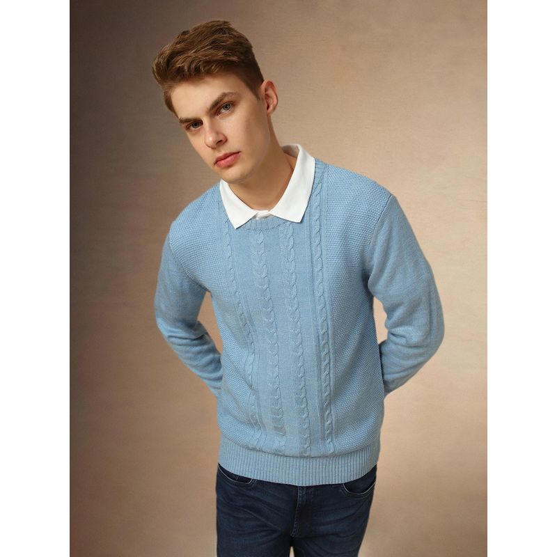 Dennis Lingo Men Light Blue Round Neck Pullover Sweater (S)