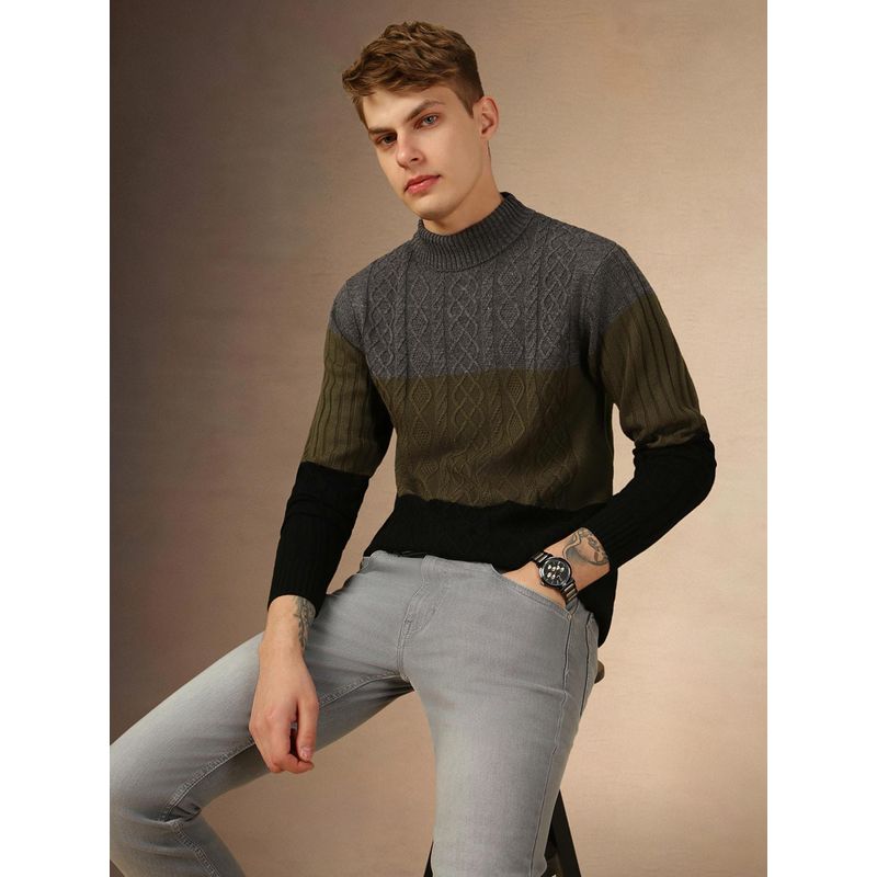 Dennis Lingo Full Sleeve Crew Color Block Slim Fit Men Sweater (S)