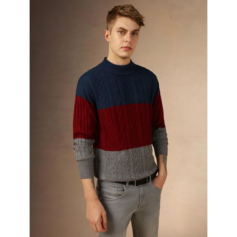 Dennis Lingo Full Sleeve Crew Color Block Slim Fit Men Sweater (2XL)