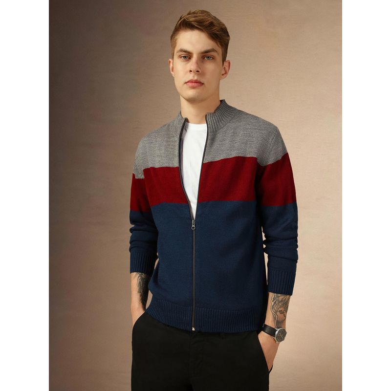 Dennis Lingo Full Sleeve Mock Collar Color Block Slim Fit Men Sweater (L)