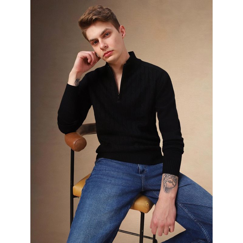 Dennis Lingo Men Black Solid Mock Collar Full Sleeves Pullover Sweater (2XL)