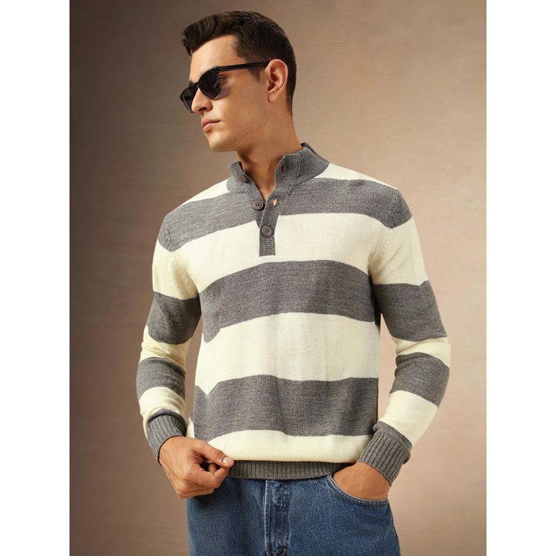Dennis Lingo Men Regular Fit Acrylic Striped Full Sleeves Mock Collar Pullover Sweater (2XL)
