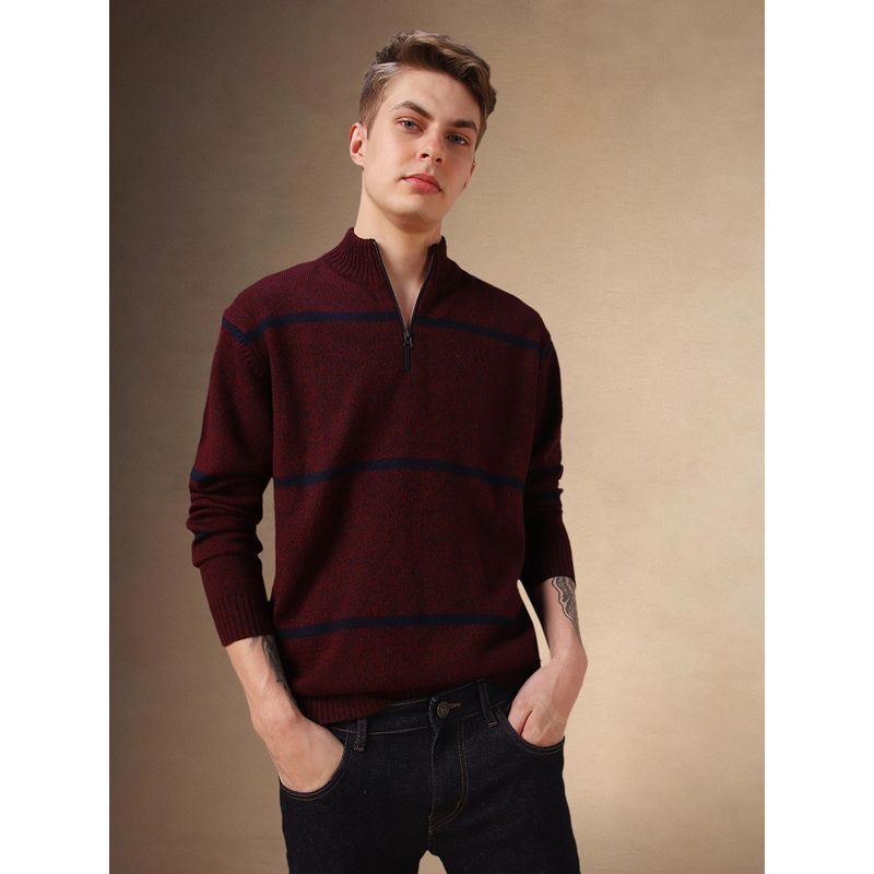 Dennis Lingo Men Maroon Striped Mock Collar Full Sleeves Pullover Sweater (L)