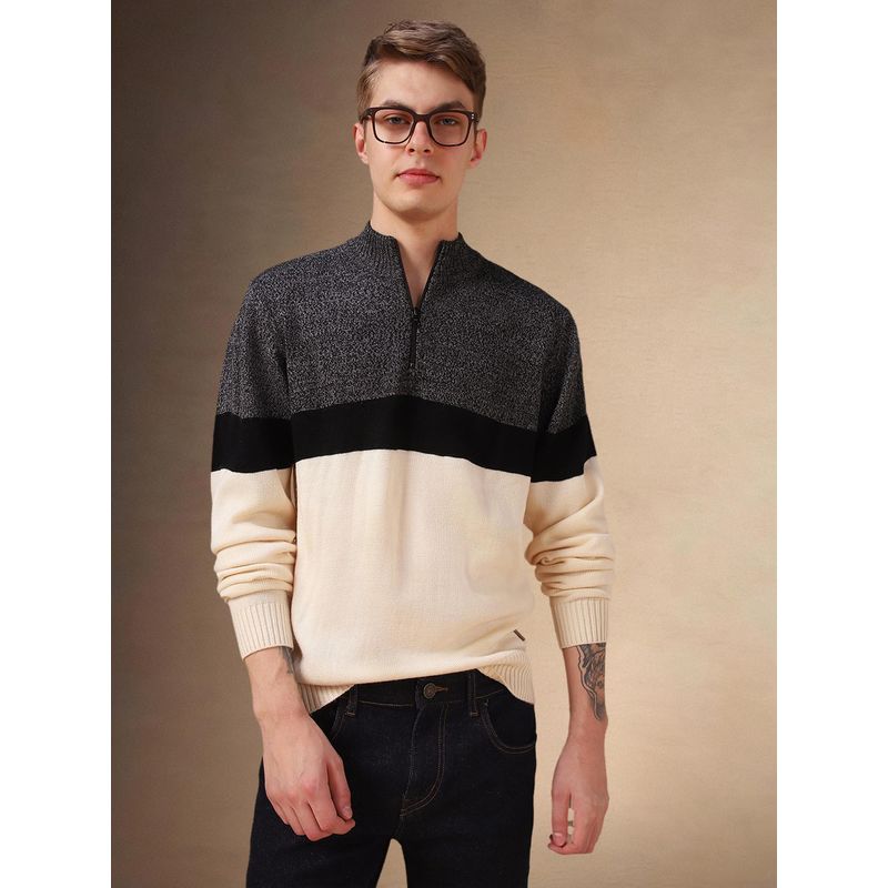 Dennis Lingo Men Off White Color Block Mock Collar Full Sleeves Pullover Sweater (2XL)