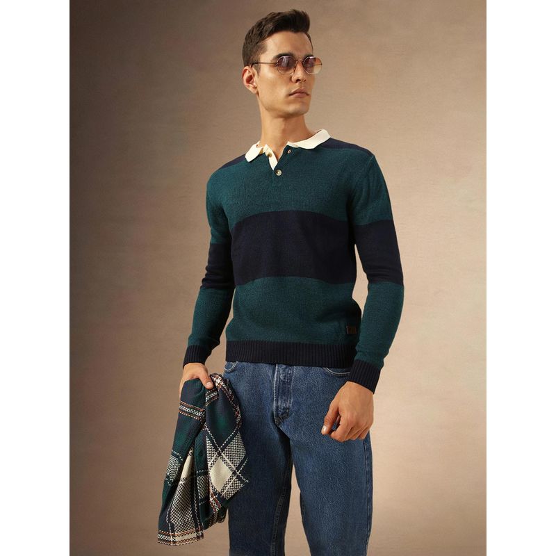 Dennis Lingo Men Regular Fit Acrylic Striped Full Sleeves Polo Collar Pullover Sweater (S)
