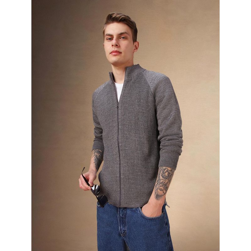 Dennis Lingo Men Grey Solid Mock Collar Full Sleeves Front-Open Sweater (S)