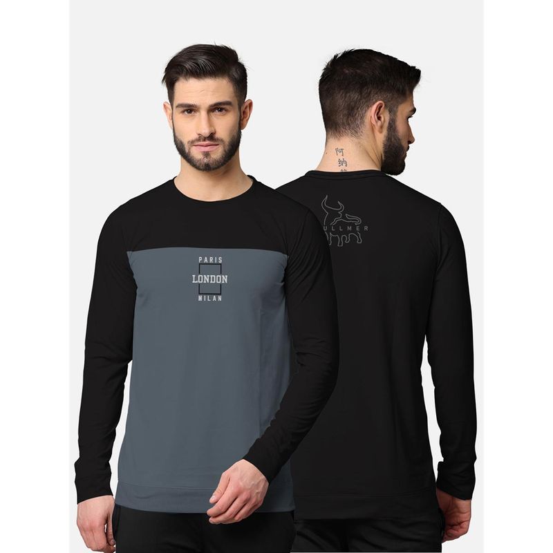 BULLMER Trendy Front & Back Colorblock Full Sleeve T-Shirt for Men Black and Grey (L)