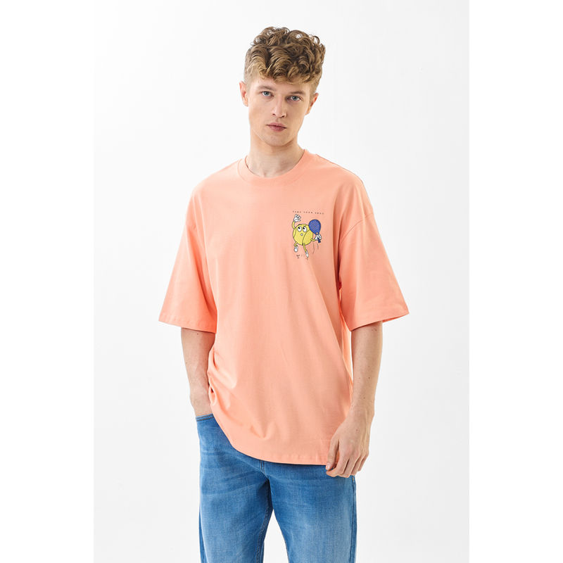 Snitch Men Peach Graphic Half Sleeves Oversized Casual T-Shirt (S)