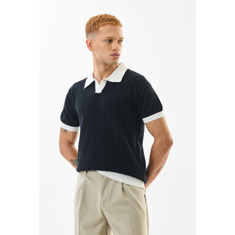Snitch Men Navy Blue Textured Half Sleeves Slim Polo T-Shirt (M)