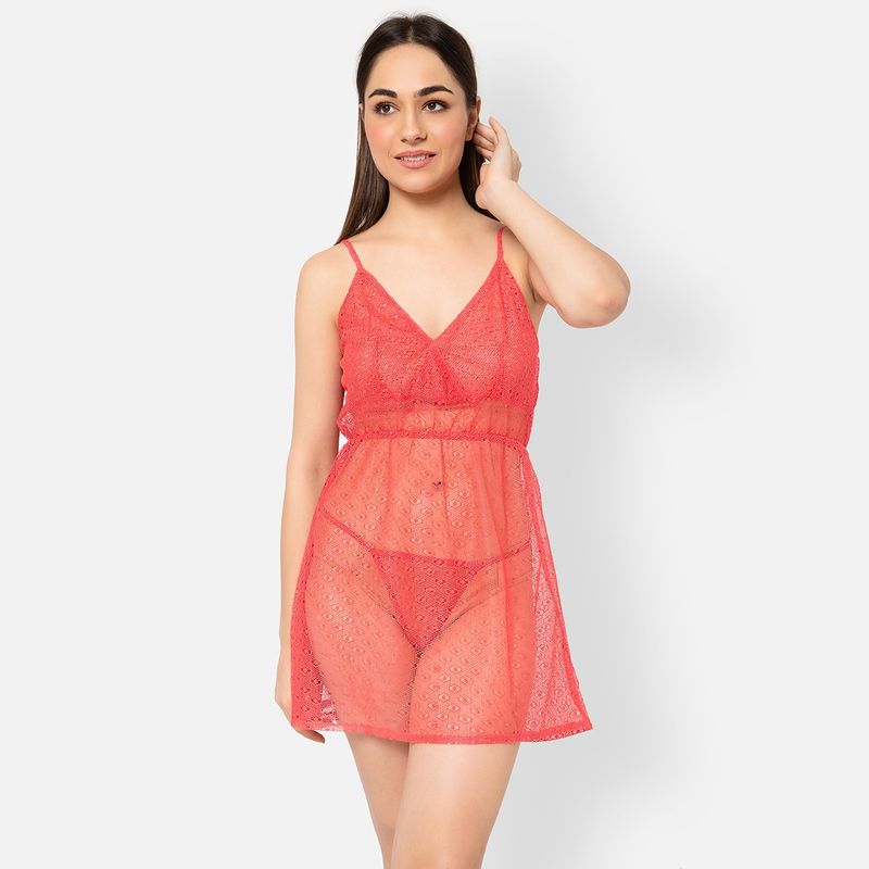 Clovia Chic Basic Semi-Sheer Babydoll In Blush Pink With G-String - Lace (S)