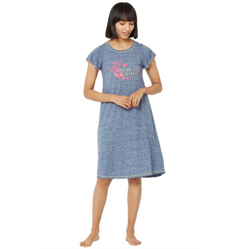SOIE Womens Flared Sleeve Sleep Shirt With A Round Neckline And Slogan Design - Blue (L)(L)