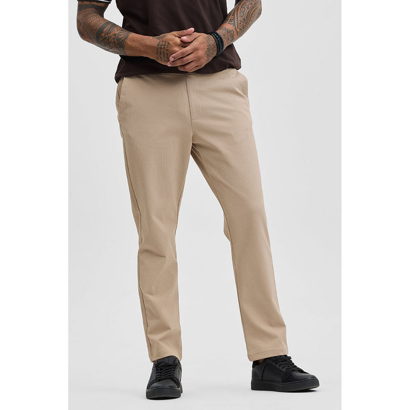 Snitch Beige Solid Regular Fit Stretch Trouser (38)