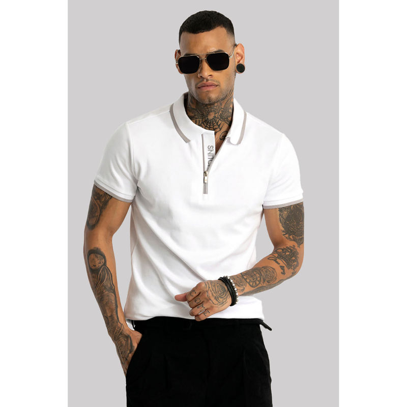 Snitch Men White Solid Slim Fit Polo T-shirt (XS)