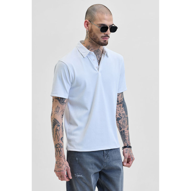 Snitch Men White Textured Slim Fit Polo T-shirt (XS)