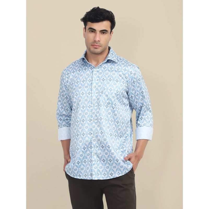 AM SWAN Mens Premium Poly Satin Lycra Blue Digital Printed Shirt (38)