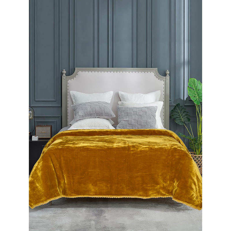 Saral Home Winter Mink,Cloudy Soft Double Side Heavy 2 Layer Blanket Crochet Edge, Gold (Single)