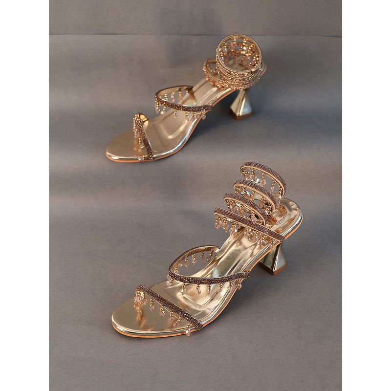 Sana K Luxurious Footwear Champagne Gold Spring with Emblishment Heel Sandals (EURO 37)