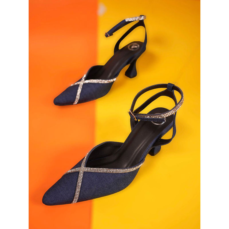 Sana K Luxurious Footwear Blue Denim X Open Toe Heel Sandals (EURO 35)