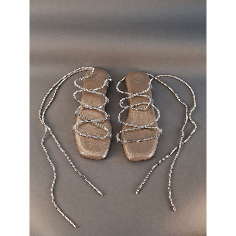 Sana K Luxurious Footwear Gold Stringy Shoe Lace Flats Sandals (EURO 38)