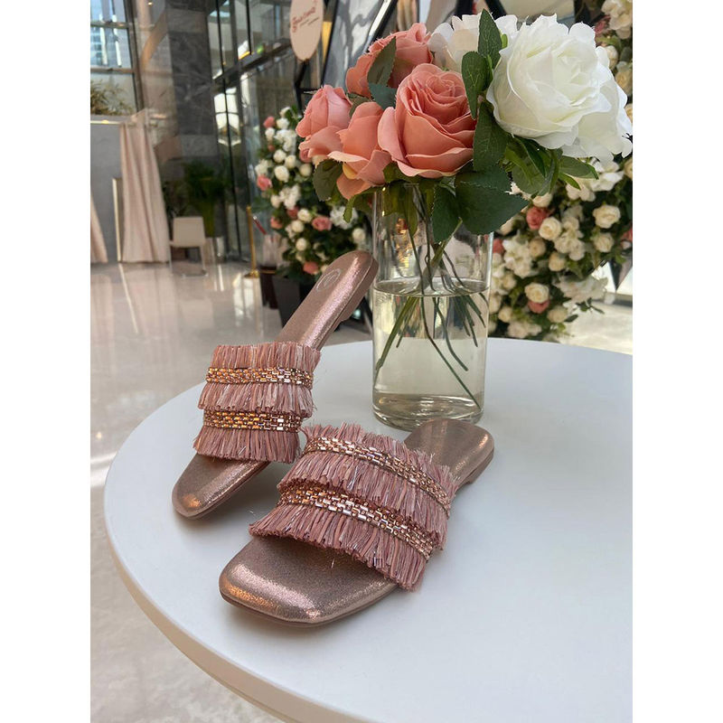 Sana K Luxurious Footwear Rose Gold Frills Sliders Flat Sandals (EURO 40)