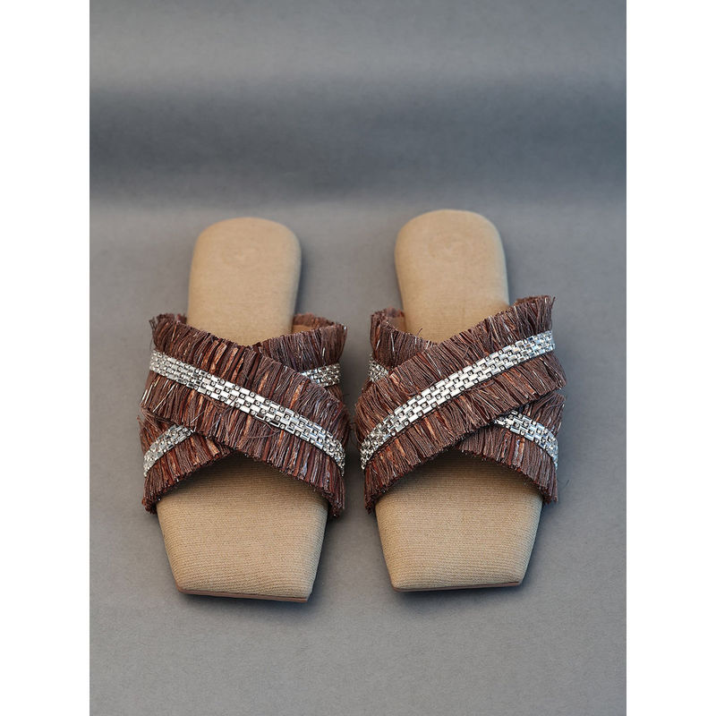 Sana K Luxurious Footwear Brown Jute Frills Sliders Flat Sandals (EURO 36)