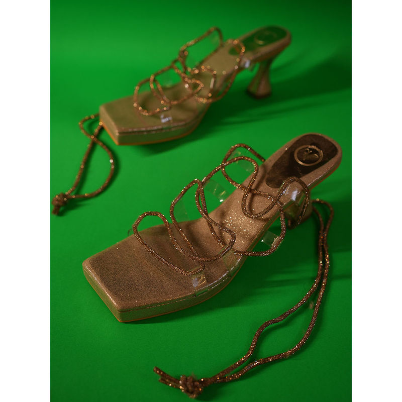 Sana K Luxurious Footwear Champagne Gold Stringy Shoe Lace Elevated Heel Sandals (EURO 36)