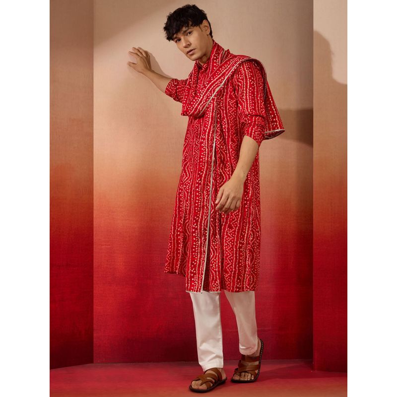 Vastramay Red Bandhani Kurta with Pant & Dupatta (38)