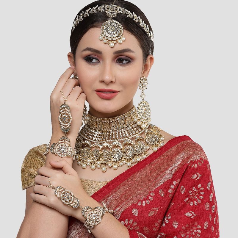 Karatcart Gold Plated Pearl Kundan Bridal Choker Necklace Set for Women