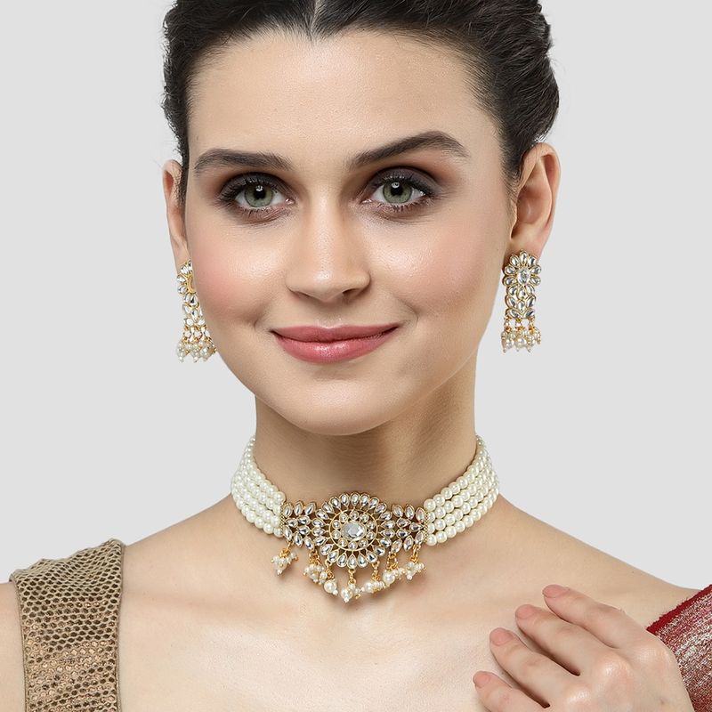 Brown - Handmade Fabart Choker Necklace Set with Kundan & Beads 07