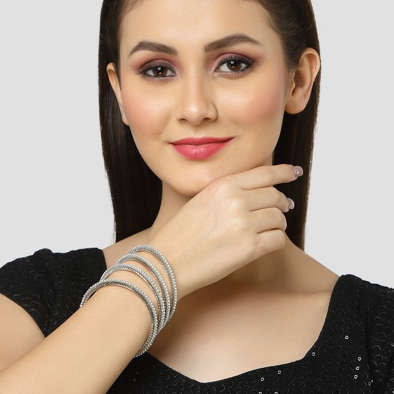 Karatcart Oxidised Silver Pearl Studded Tribal (Set Of 4) Bangles for Women (2.4)