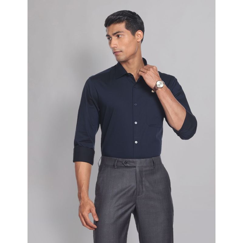 AD By Arvind Regular Fit Solid Twill Formal Shirt Navy Blue (40)