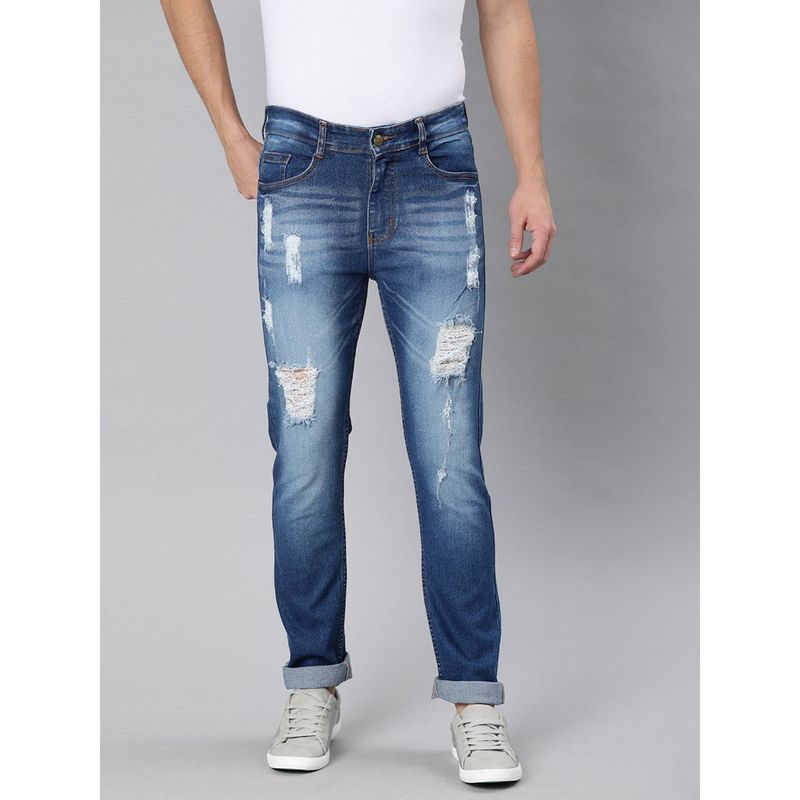 Urbano Fashion Men Blue Slim Fit Heavy Distressed Torn Jeans (34)