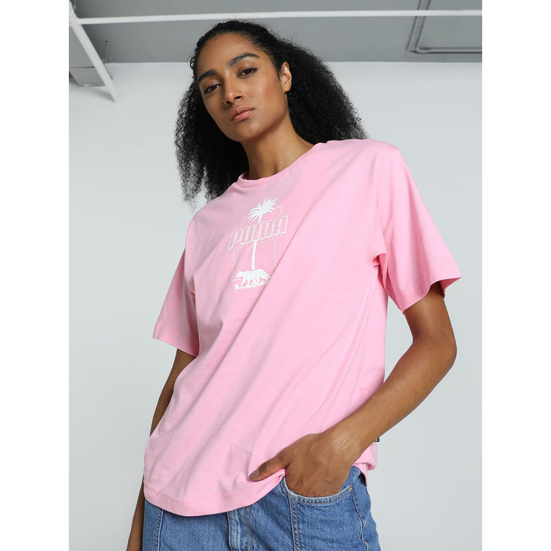 Puma Essentials+ PALM RESORT Graphic Womens Pink T-Shirt (S)