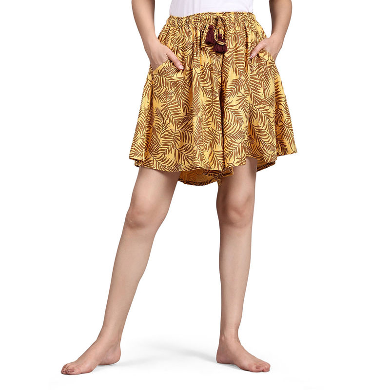 BSTORIES Culotte Shorts for Women - Mustard Leaf Print (S)